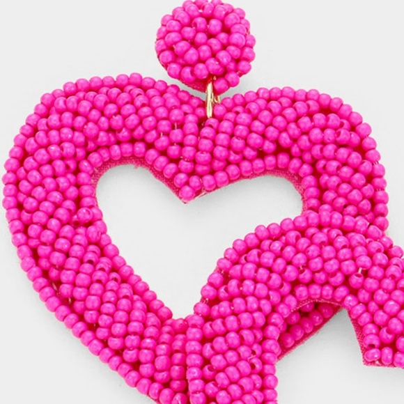 Fuchsia Pink Beaded Open Hollow Heart Earrings Fun Open Valentines Day Jewelry - Picture 2 of 2